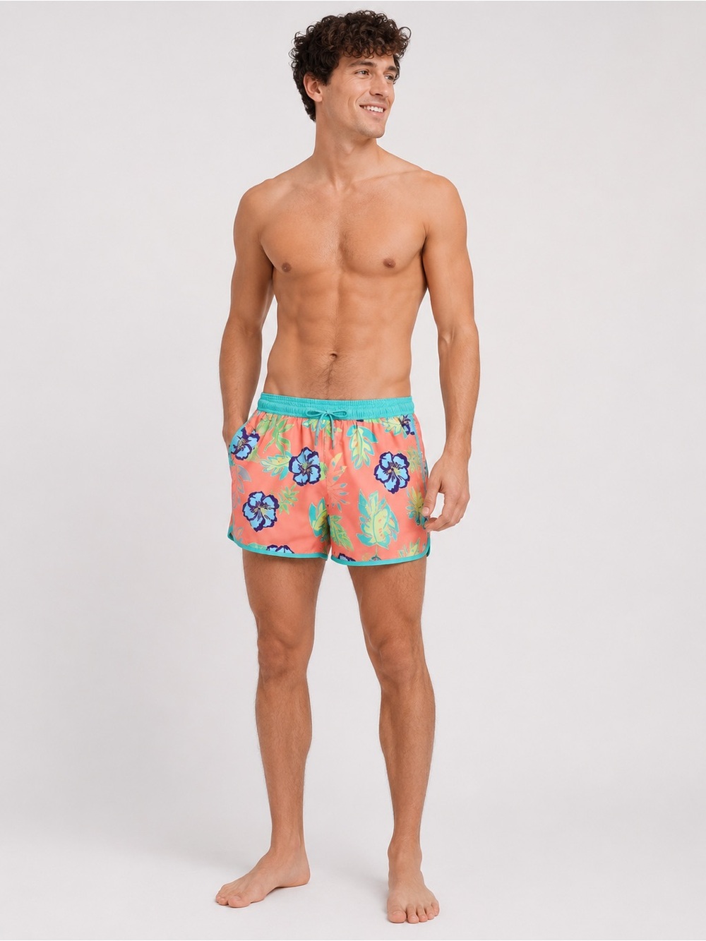 Maamgic Mens 80s/90s Vintage Swim Trunks Layered swimsuit Hawaiian Hibiscus